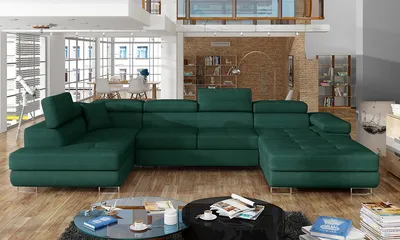 A spacious, modern living room with a large U-shaped sectional sofa as the focal point.