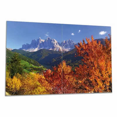 Produktbild von Wallario Herdabdeckplatte aus Glas, Größe 80 x 52 cm 2-teilig, Motiv Herbst im Gebirgstal unter blauem Himmel
