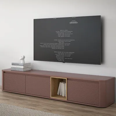 Produktbild von Forte BREATHTAKER TV-Schrank 220, modern minimalistisch, 3-türig, beleuchtetes Fach, Reliefstruktur, Holzwerkstoff, Terrakotta/Mauvella Eiche Holzdekor, 215 cm breit x 41,5 cm hoch x 41,3 cm tief