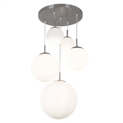A modern LED pendant light with five opal glass spheres hanging from a circular silver base.