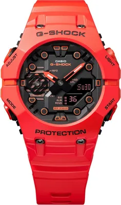 A close-up, front-facing studio shot of a red Casio G-Shock watch against a white background.