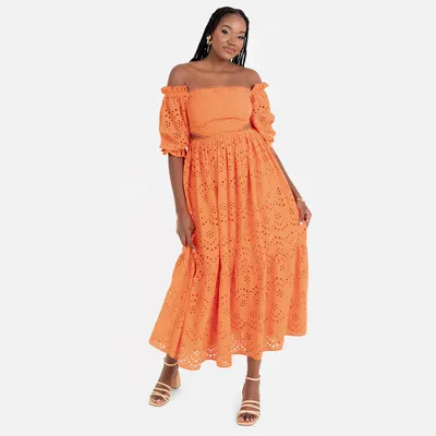 Produktbild von Maya Deluxe Women's Midaxi Dress Ladies Off Shoulder Bardot Broderie Anglaise Cu