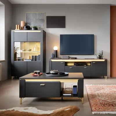 Produktbild von Wohnzimmer Set 3-teilig NOLA-129 in schwarz matt mit goldfarbenen Akzenten