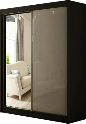 Produktbild von ALTDECOR Kleiderschrank mit Spiegel und Schiebetüren, kugelgelagerte Führungsschienen und Aluminium-Leisten - VESLI - 150 cm Schwarz / Lacobel Grau