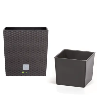 Produktbild von Blumenkübel 6,8 L Rattan-Optik Umbra Dunkel Braun Pflanzkübel h. 20 cm mit Innenkasten 5 L quadratisch Übertopf aus Kunststoff