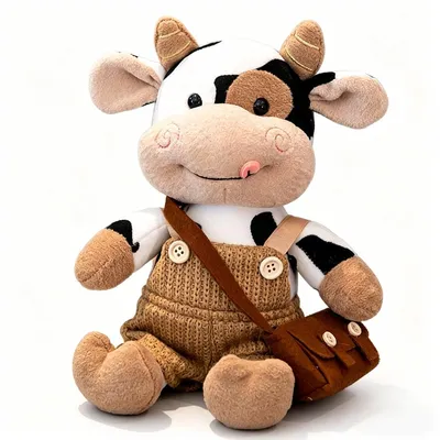 Image de Vache en peluche de 30 cm avec vêtements et sac – Peluche pour enfants et adultes