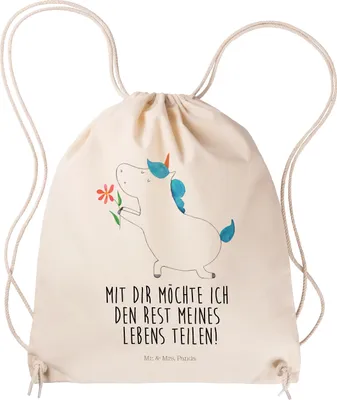 Produktbild von Mr. & Mrs. Panda Jutebeutel Einhorn Blume - Transparent - Geschenk, Einhörner, Heiratsantrag, wander rucksack, Unicorn, Stoffbeutel, Gymbag, gymnastiktasche, Kleiner