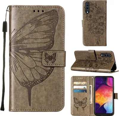 Produktbild von Galaxy A50 Hülle, Schmetterling Prägung Flip Leder Kartenfächer Schutzhülle Ledertasche mit Ständer für Samsung Galaxy A50 / A30S / A50S Grau