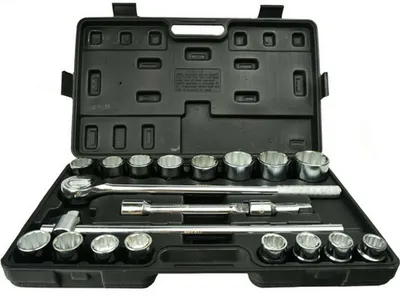 A black plastic toolbox containing a set of silver metal sockets and a ratchet wrench.