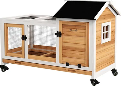 Obrázek produktu pro Dřevěná bouda pro zakrslé králíky, 108 x 58 x 73,5 cm bouda pro malé zvíře s výběhem, kolečka, skládací střecha, klec pro zakrslé králíky s výsuvným tácem do interiéru, exteriéru, žlutá