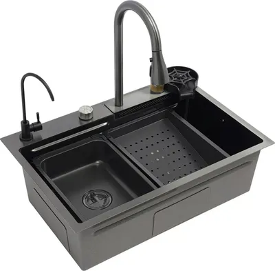 Produktbild von Küchenspüle / Spülbecken Set - Einzelbecken - Edelstahl - Mit Wasserhahn - 1-Loch - Rechteckig - Schwarz