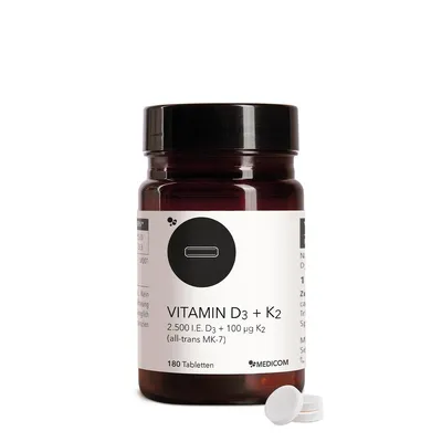 Produktbild von Medicom Vitamin D3 + K2 mit Vitamin D3 und all-trans MK-7 Vitamin K2, 180 Tabletten, zur normalen Funktion des Immunsystems bei