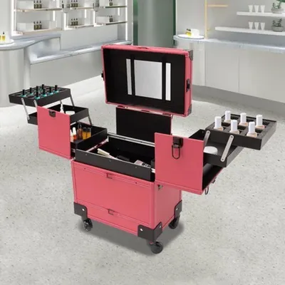 Image de Mallette de maquillage rose - 7 compartiments et roulettes - Trolley de beauté en cuirPolyuréthane- 56 cm