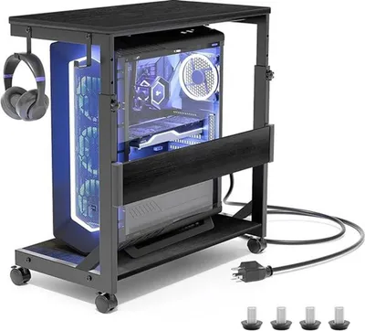 Produktbild von Verstelbare Computerstandaard mit Rädern – 2-Lag-ATX-PC-Trolley – Schwarz – Bodenständige CPU- & Druckerstandaard mit Aufbewahrungsraum – Verschlossene Räder