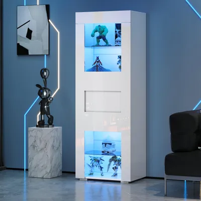 Image de MODFU Armoire Vitrine Haute Avec LED - Meuble Moderne En MDF Et Verre Trempé Avec Étagères Réglables - Blanc Brillant - 60x40x170 Cm