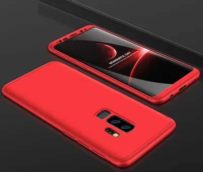 A red phone case is shown in two configurations, one with the phone inside and one without.