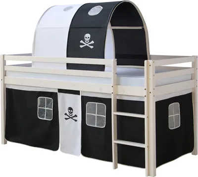 Produktbild von Homestyle4u Kinderbett 90x200 Hochbett Kinder Weiß Holz Kiefer Vorhang Pirat