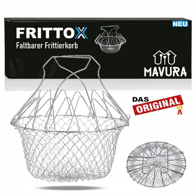 A product shot of a foldable frying basket with packaging in the background.