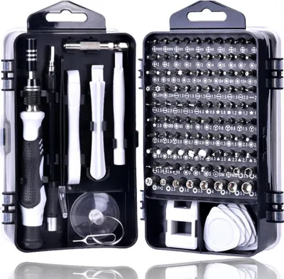 A tool kit for repairing electronic devices, open to reveal the contents.