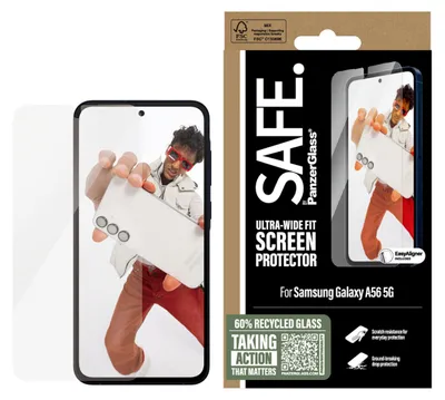 Obrázok produktu pre PanzerGlass SAFE. by ® Screen Protector Samsung Galaxy A56 5G | Ultra-Wide Fit w. EasyAligner, Samsung, Samsung - Galaxy A56 5G, Suché aplikovanie, Odolné proti poškriabaniu, Odolný proti nárazom, Priehľadná, 1 kusov
