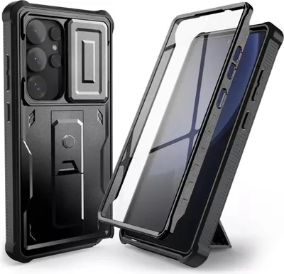 A black phone case with a built-in stand and screen protector, shown from two angles.