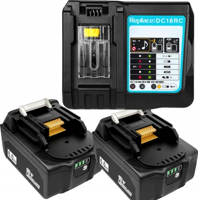 A charger and two batteries for power tools.