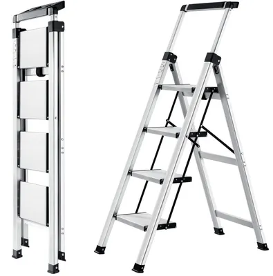 Zdjęcie produktu dla Drabina składana, 4 stopnie, z wysuwanym poręczą, srebrna, aluminium, udźwig 150 kg