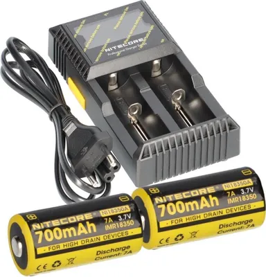 A Nitecore battery charger and two Nitecore 18350 Li-Ion batteries are displayed on a white background.