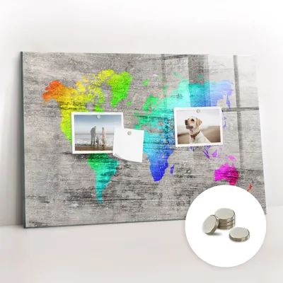 Produktbild von Magnetische Wandtafel aus Glas – Memotafel mit gebogener Vorderseite – Enthält 5 Magnete – 60x40 cm – Weltkarte