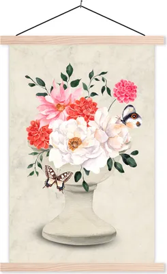 Produktbild von MuchoWow® Textilposter Schmetterlinge - Blumen - Stilleben 40x60 cm mit holzfarbenen Rahmen - Poster