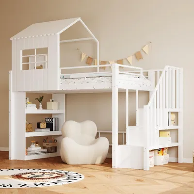 Immagine prodotto di Letto a castello 90x200 cm in metallo e legno impiallacciato, color bianco, con design moderno, dotato di sponde laterali alte, scala con spazio contenitore e ripiano, ideale per la cameretta dei ragazzi