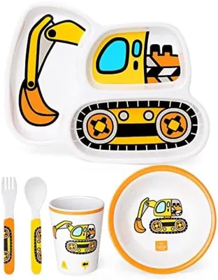 Produktbild von PolkaHome® Kinder-Geschirrset, 5-teilig, Graafmachine-Design, Melamin, BPA-frei, spülmaschinengeeignet, Grün