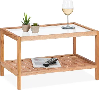 Produktbild von Relaxdays Beistelltisch, Wohnzimmertisch mit Glasablage, HBT 35x60x40 cm, Ablagetisch Walnussholz, Kaffeetisch, natur