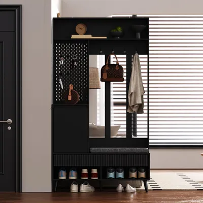 Produktbild von Schwarze Garderobenwand mit Schuhbank, 4 Haken, 2 Schubladen & 1 Tür - Elegantes Set für Flur, Diele oder Eingang. Maße: 100x35x180 cm