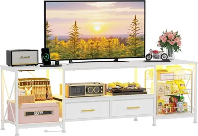Produktbild von TV-Schrank mit Steckdosenfür 70 Zoll TVs, Fernsehschrank mit RGB-LED-Leuchten, mit 2 Stauraum für Wohnzimmer und Schlafzimmer Weiß