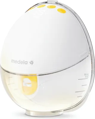 A white and clear electric breast pump with yellow accents, shown against a white background.