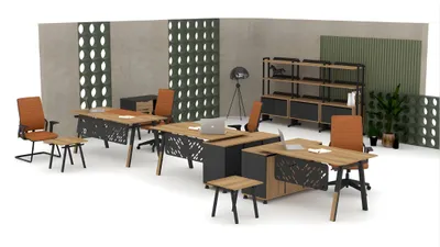 Productafbeelding van Robuuste bruine kantoormeubels: elegante bureau, bijzetkast, salontafel