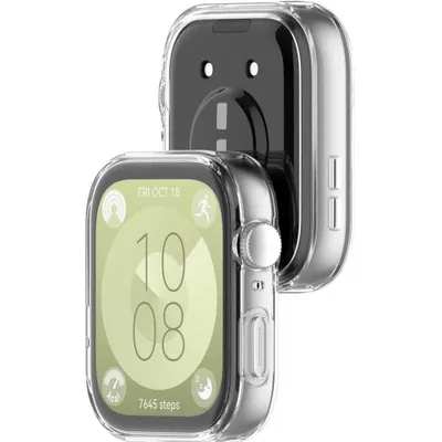 A clear protective case for a Huawei Watch Fit 3 is shown, with the watch face displaying the time and date.