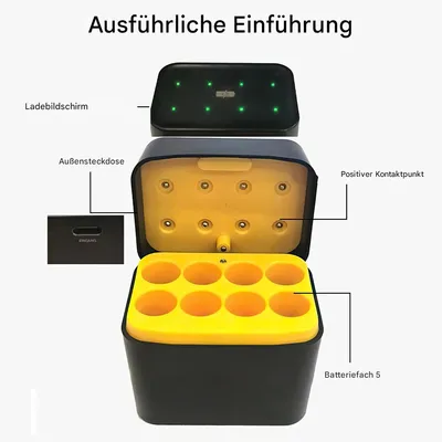 Produktbild von Wiederaufladbare AA-Batterien Set (1.5V, 3000mWh) mit 8-fach Ladegerät & LED, Gelb-Schwarz Design für Spielzeug, Geräte & Sport (ohne Batterie)