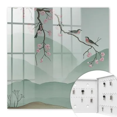 Produktbild von Metall Schlüsselkasten 30 x 30 cm - weißer Schlüsselschrank zur Wandmontage - wandhängende Schlüsselbox mit Tür - rechts öffnend - Schlüsselaufbewahrung für Flur - Büro - Arbeitszimmer - Werkstatt - Garage - Vögel und Blumen