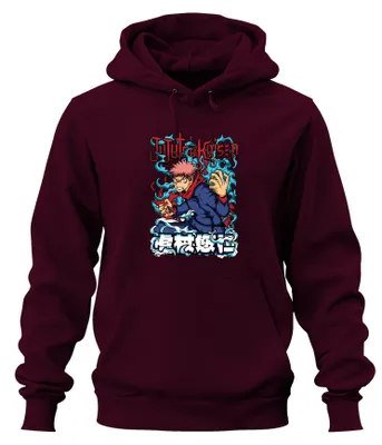 Imagen del producto de Sudadera con capucha uni, estilo "hoodie", para fans del anime y manga "Jujutsu Kaisen", con la imagen de Yuji Itadori. Color burdeos, talla XXL