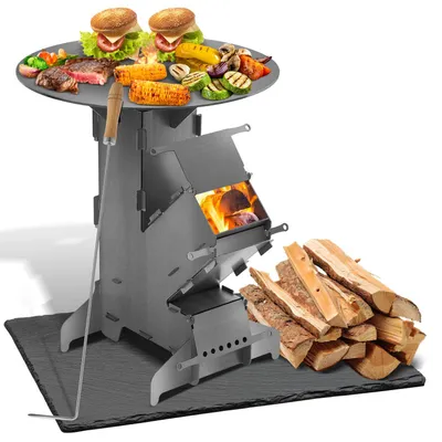 Produktbild von Vigevee Raketenofen Outdoor Grillofen, Steckbarer Campingkocher aus Kohlenstoffstahl mit Grillplatte 50 cm und Feuerhaken für Garten Camping