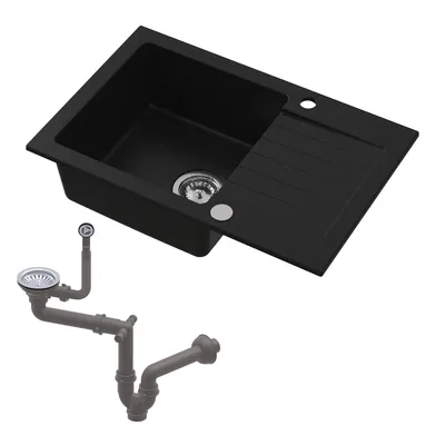 Produktbild von HOMEVELLO Spülbecken PIXANO Einbecken Granitspüle 68x44x20cm Schwarz, Hochwertige Küchenspüle mit Siphon, Abtropffläche, Pflegeleicht, Kratzfest, Moderne Design, Perfekt für jede Küche