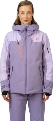 A woman wearing a purple ski jacket and pants, posing for a product shot.