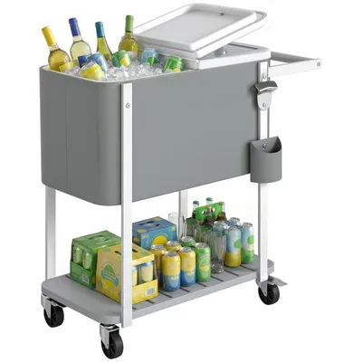 Produktbild von 56-Liter-Kühlwagen – Fahrbarer Kühlkoffer – Kühlwagen für den Außenbereich – Mit Flaschenöffner, unterer Ablage und Griff – 84 x 38 x 83 cm – Grau