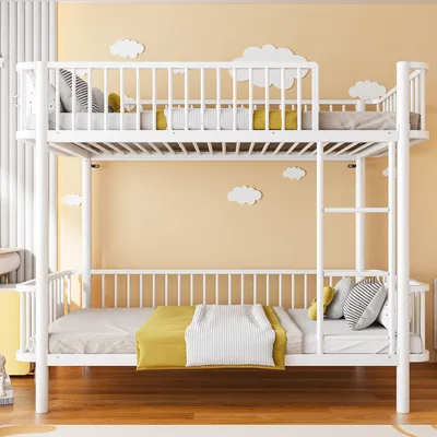 Image de Lit superposé Flieks, 90x200 cm, avec échelle, lit superposé pour 2 enfants, lit pour enfants en métal avec barrière de sécurité, lit pour adolescents avec sommier à lattes, blanc