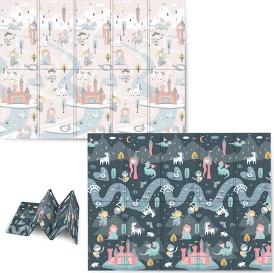 A collage of two playmats with a fantasy theme, one folded and one unfolded.