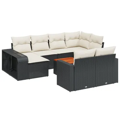 Produktbild von 11-tlg. Garten Lounge Set, Modulares Sofa mit Stauraum, PE-Rattan Schwarz, Kissen Cremeweiß, Akazienholz Tischplatte, UV-beständig