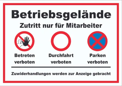 Produktbild von Schild Betriebsgelände Mitarbeiter Betreten Durchfahrt Parken A3 (297x420mm)