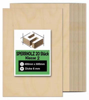 Produktbild von Rechteckige Birkensperrholzplatten zum Basteln und Bemalen – Lasergravur, CNC-Fräsen, Modellbau, Laubsägearbeiten, Brandmalerei und Decoupage – Klasse 2 – 40 × 60 cm (400 × 600 mm) – 6 mm – 20 Stück